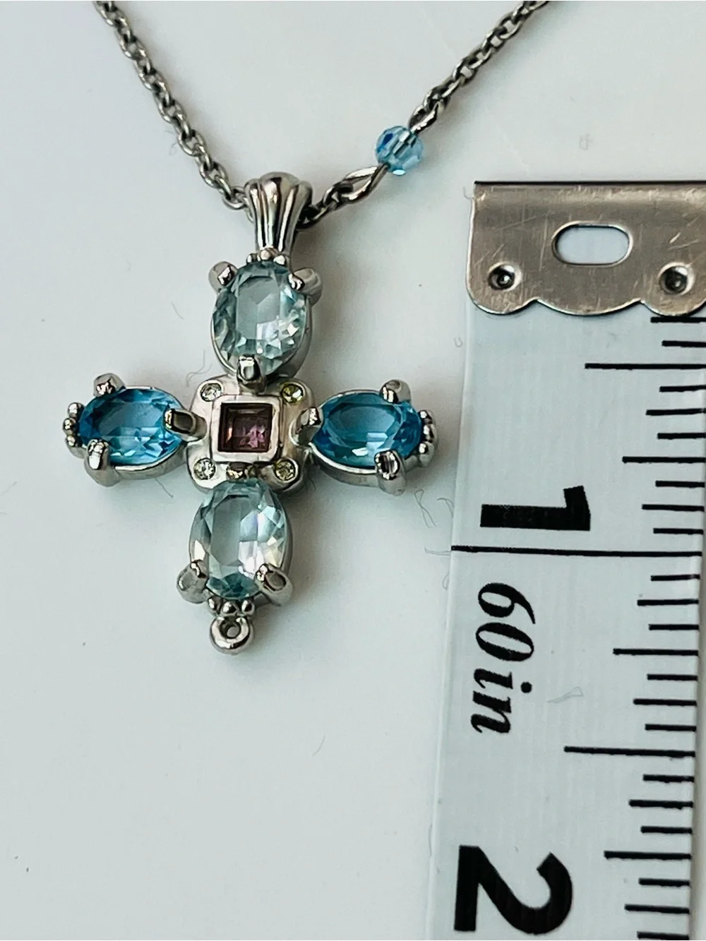 Swarovski Crystal Cross Necklace Sterling Silver Blue Crystal & Pink Accent Swan